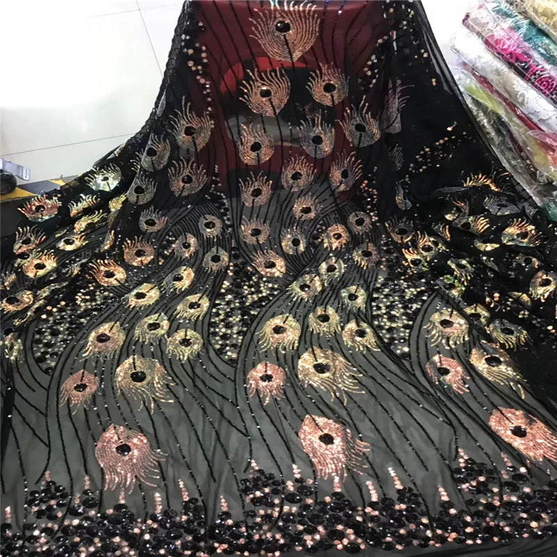 

African Tulle Lace Fabrics with Sequins 5Yards Sequins Lace Fabric for Women Wedding Party Evening Dress