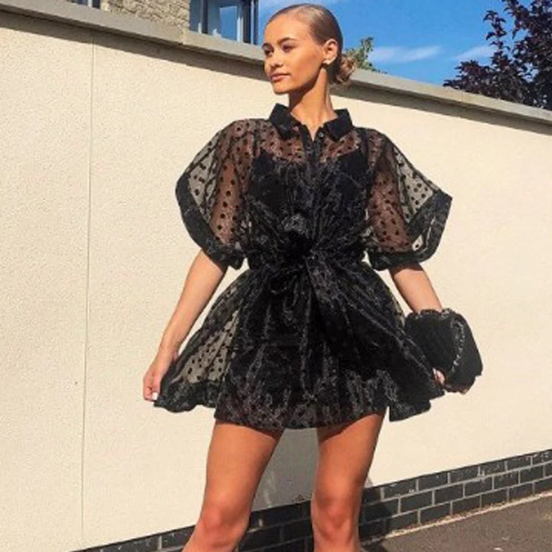 Прозрачный черный комплект из двух предметов в горошек свободное платье рубашка