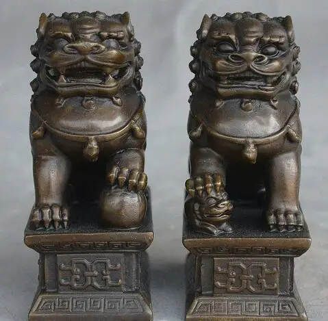 

6" China FengShui Bronze Wealth Exorcism Door guard Foo dog Lion Statue