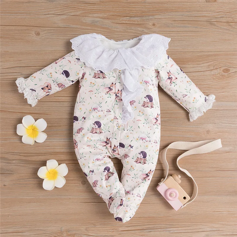 

0-24M Newborn Kids Baby Girls Cute Clohtes Cartoon Animal Print Romper Elegant Lace Jumpsuit Elegant Sweet Princess Outfits