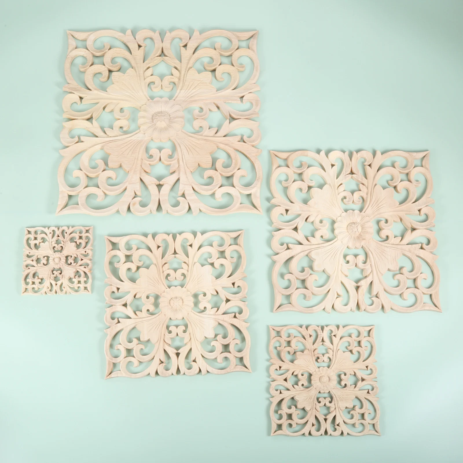 

1pc Square Carved Unpainted Wood Ornamental Applique Mouldings Onlay Decal Hollow Flower Cabinet Furniture Decor