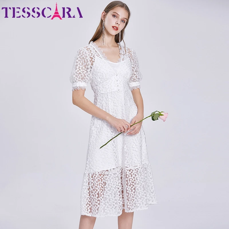 Женское летнее роскошное Сетчатое платье TESSCARA с вышивкой высококачественное