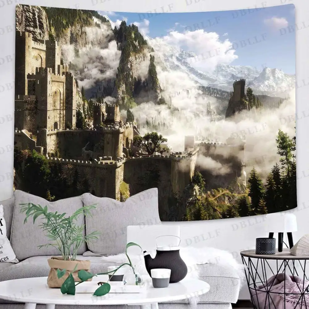 

Psychedelic Castle Tapestry Trippy Mountain River Plants Art Wall Hanging Tapestries for Living Room Home Dorm Decor