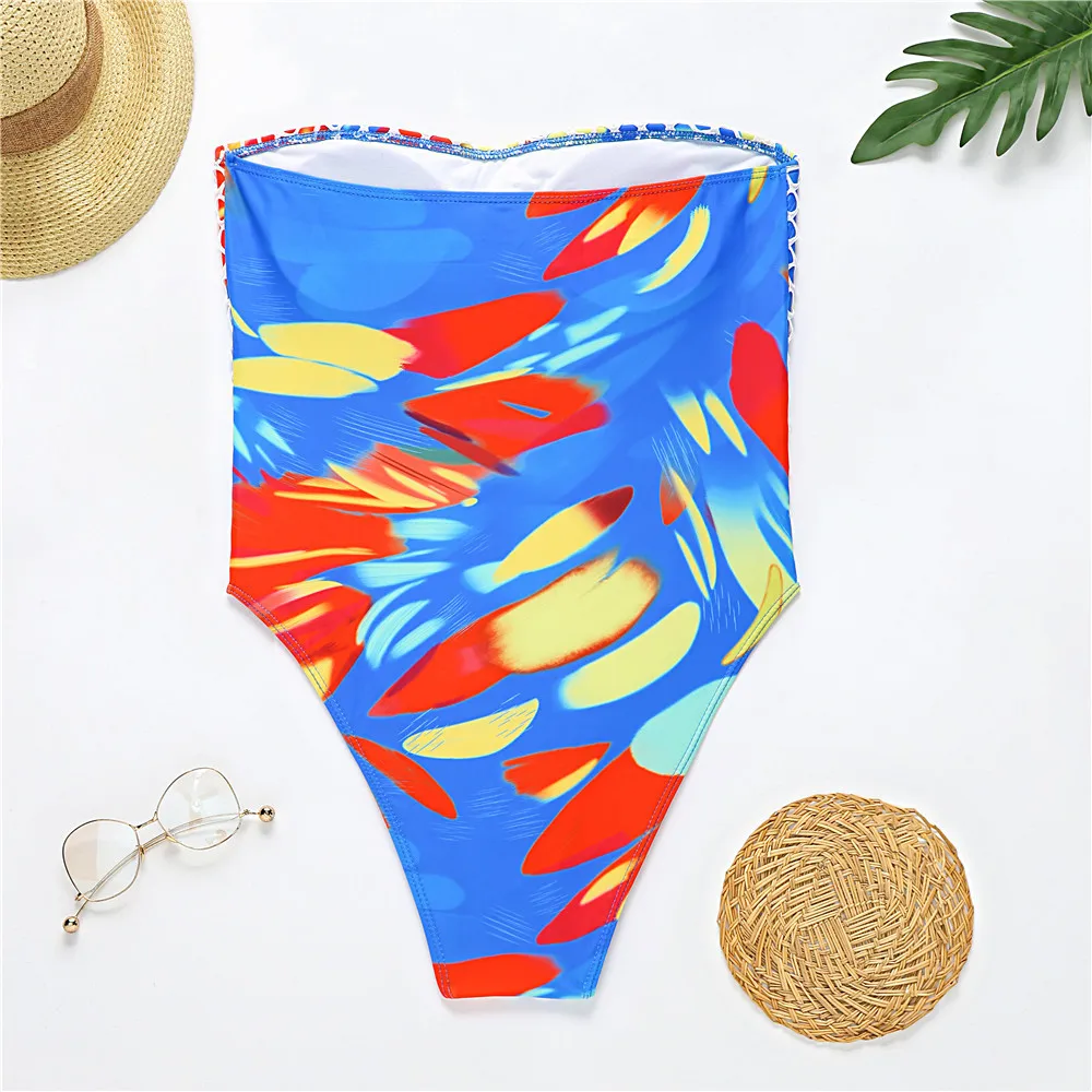 

Mesh One Piece Tube Women Swimwear Summer Sleeveless Printed Beach Holiday Swimsuit Female Sexy Bikini Bathing Suit 2021 Coisini