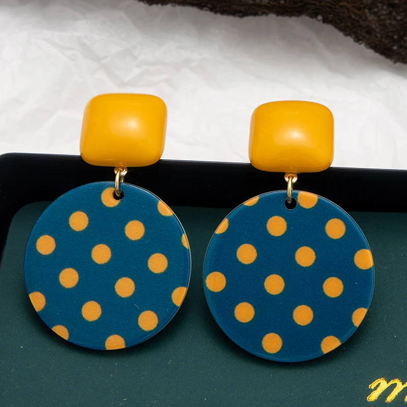 

Jaeeyin 2021 Trendy Bright Blue Disc Yellow Round Dot Double Side Suit Autumn Colorful Fall Drop Earrings Charming Gift Friends