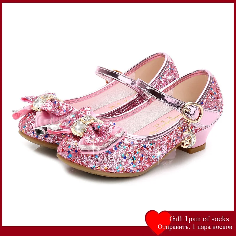 Детские кожаные туфли принцессы для девочек повседневные блестящие с цветами и