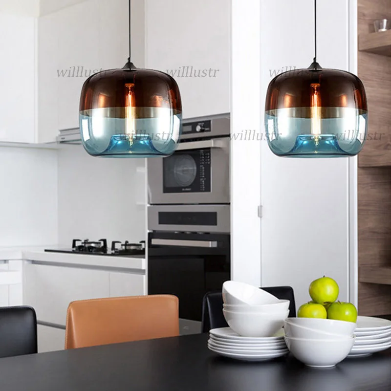 Винтажная стеклянная Подвесная лампа кофейного зеленого и синего цвета для