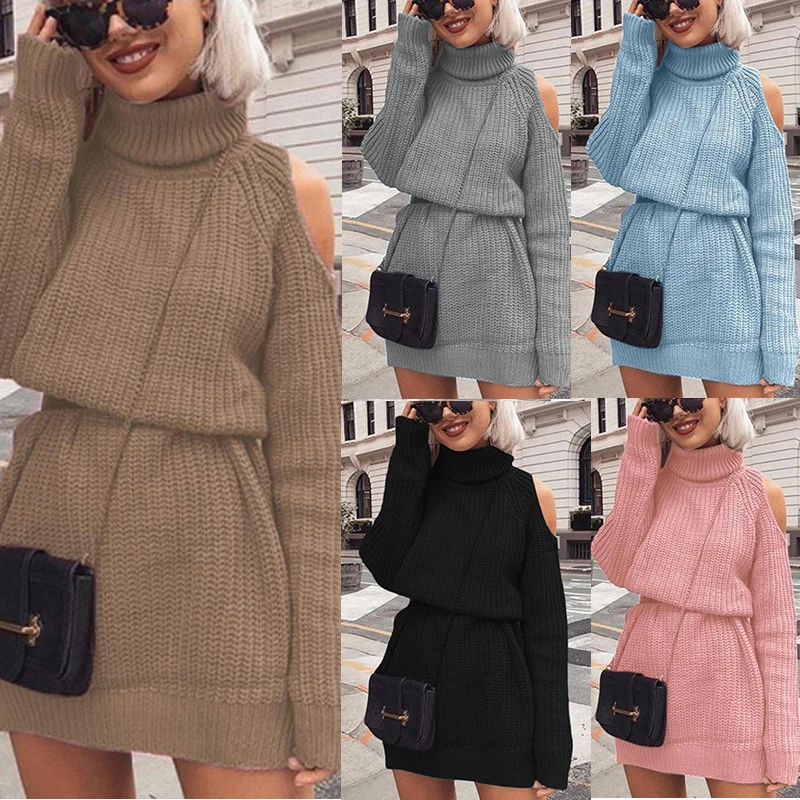 

Women Sweater Dress Turtleneck Off Shoulder Autumn Winter Thick Dresses Solid Color Loose Vintage Fashion Knitted Pullovers