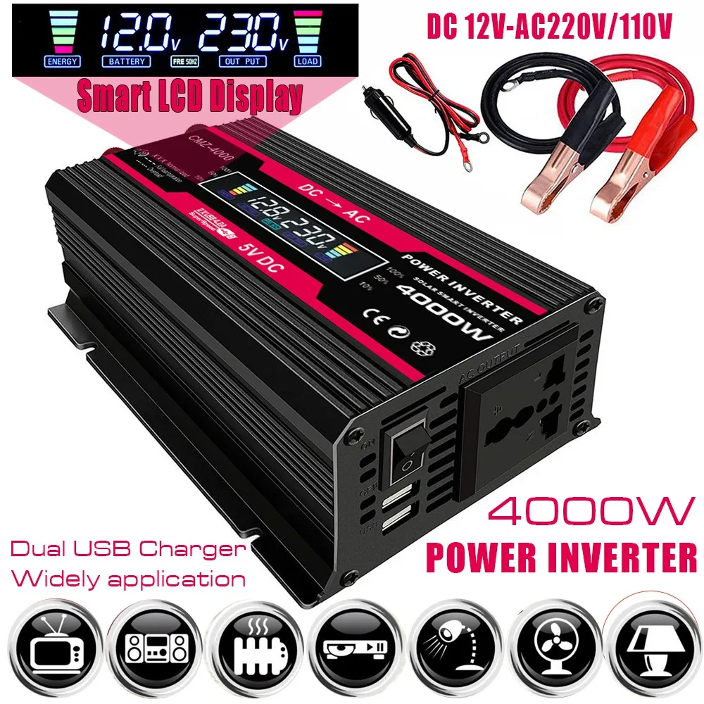 

Car Power Inverter 4000W DC12V to AC220V/110V Converter LED Battery Capacity Display 2USB Voltage Transformer Modified Sine Wave