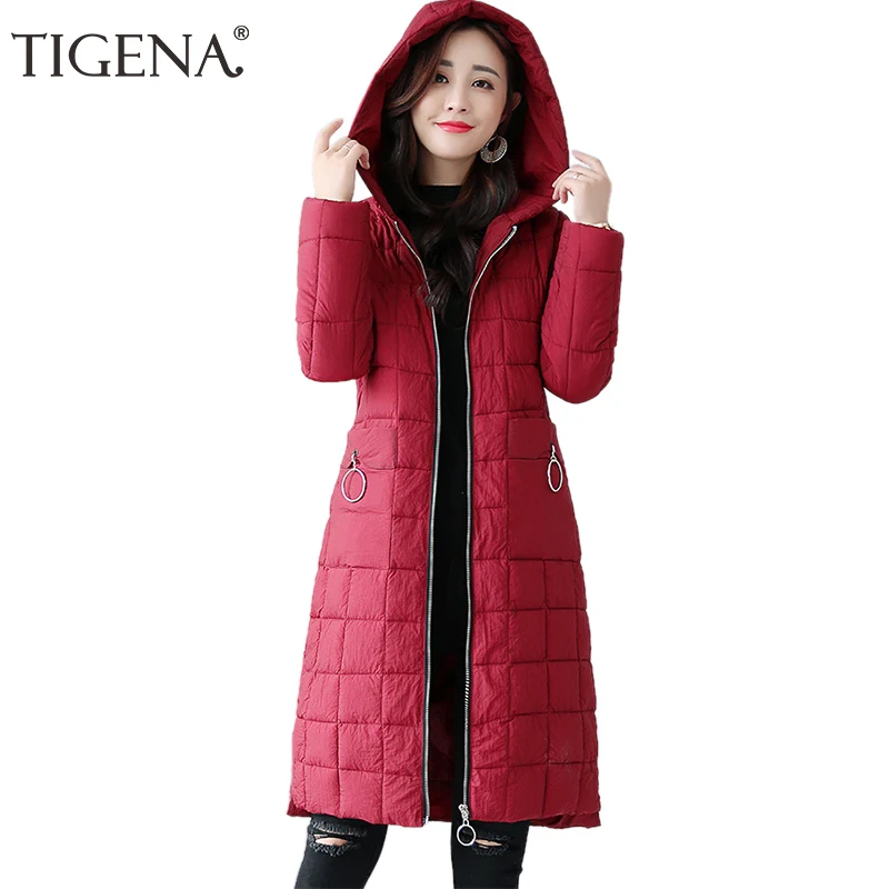Женская длинная куртка с длинным рукавом TIGENA парка капюшоном для женщин на