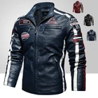 Мужская винтажная мотоциклетная куртка, новая Байкерская кожаная куртка, Мужская куртка-бомбер с вышивкой, зимнее флисовое пальто из искусственной кожи, 2021