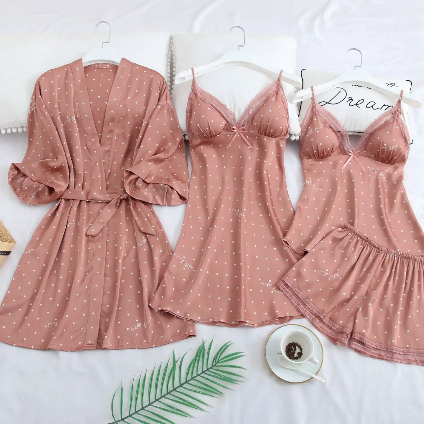 

Pink Print Dot Sleepwear Casual Wedding Robe Set Intimate Lingerie Nightgown Nightdress Soft Homewear Home Clothing Kimono Gown