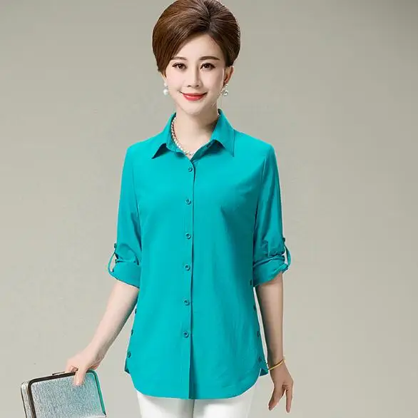 Новинка 2020 весна-осень женские рубашки среднего возраста чистый цвет топы с