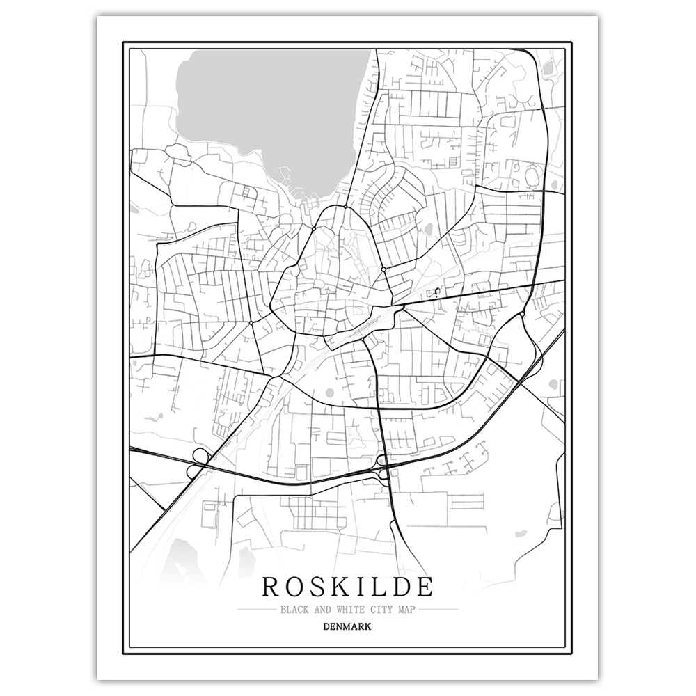 Roskilde Дания черный белый мир Карта города плакат Скандинавская гостиная copenhen Odense настенные художественные картины Домашний декор холст живопись - Цвет: Roskilde