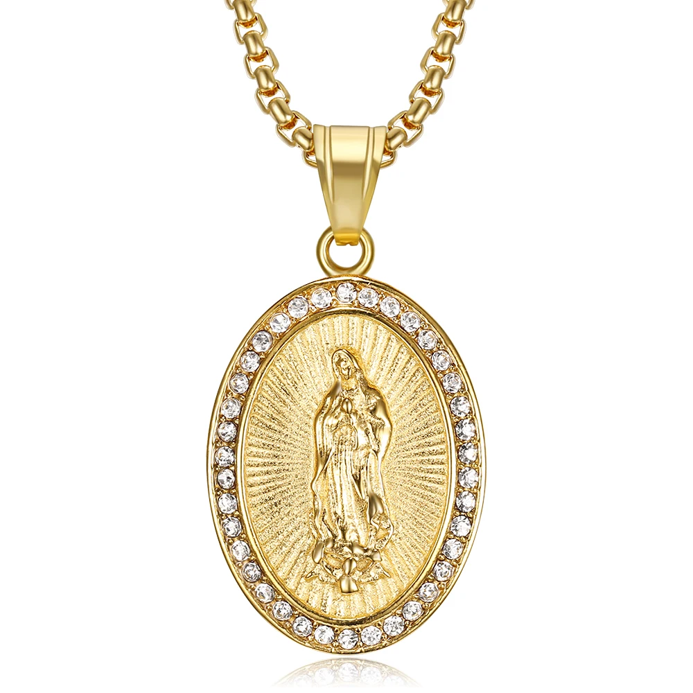

Hip Hop Iced Out Chains Virgin Mary Pendant Necklace For Women Gold Color Stainless Steel Madonna Christian Jewelry Dropshipping
