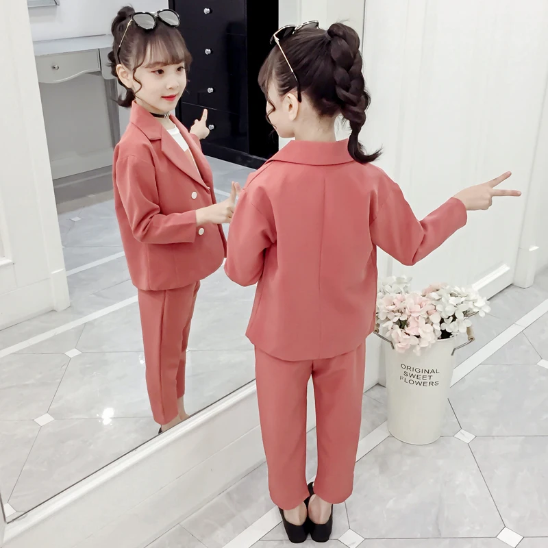 

2020 Girls Clothes Suits Set Coats Pant 2pcs Kid Girl Wedding Party Solid Clothing Set 2-13 Years Old Fashion Children Outerwear