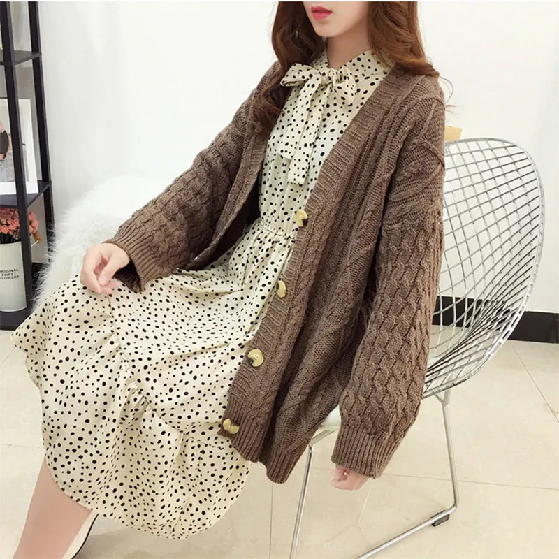 JX1614brown Осень-зима, женский цветочный кардиган, Женский Длинный топ, повседневный вязаный свитер с длинными рукавами, женская Свободная верхняя одежда, пальто, большие размеры - Цвет: JX1614brown