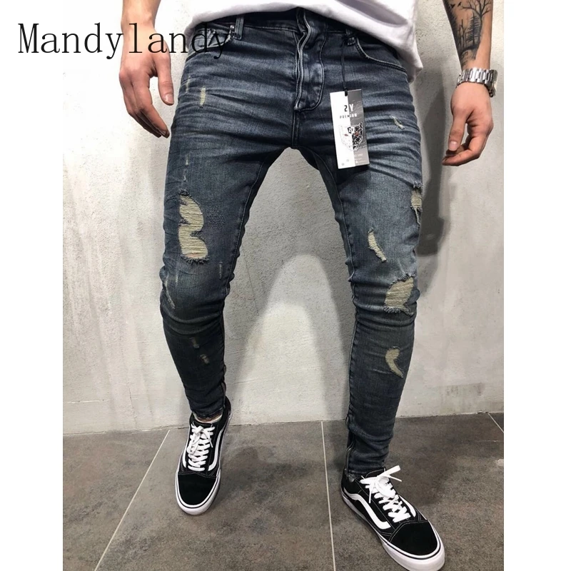 

Mandylandy Spring Summer Vintage Mid-Waist Button Zipper Denim Pencil Pants Men's Solid Color Ripped Slim Jeans