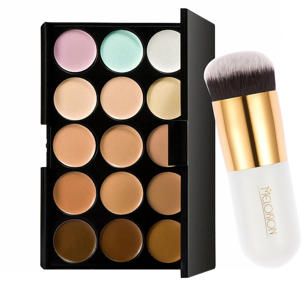 15 Colors Contour Face Cream Makeup Concealer Palette + Powder Brush Sponge Blender Set