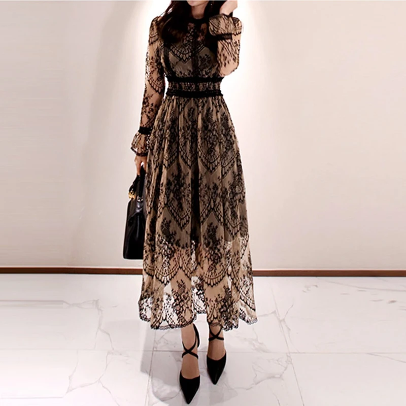 

High Quality 2022 Spring Sexy Long Elegant Dress Slim Patchwork Long Sleeved O-Neck Hollow Out Lace Dress Vestidos