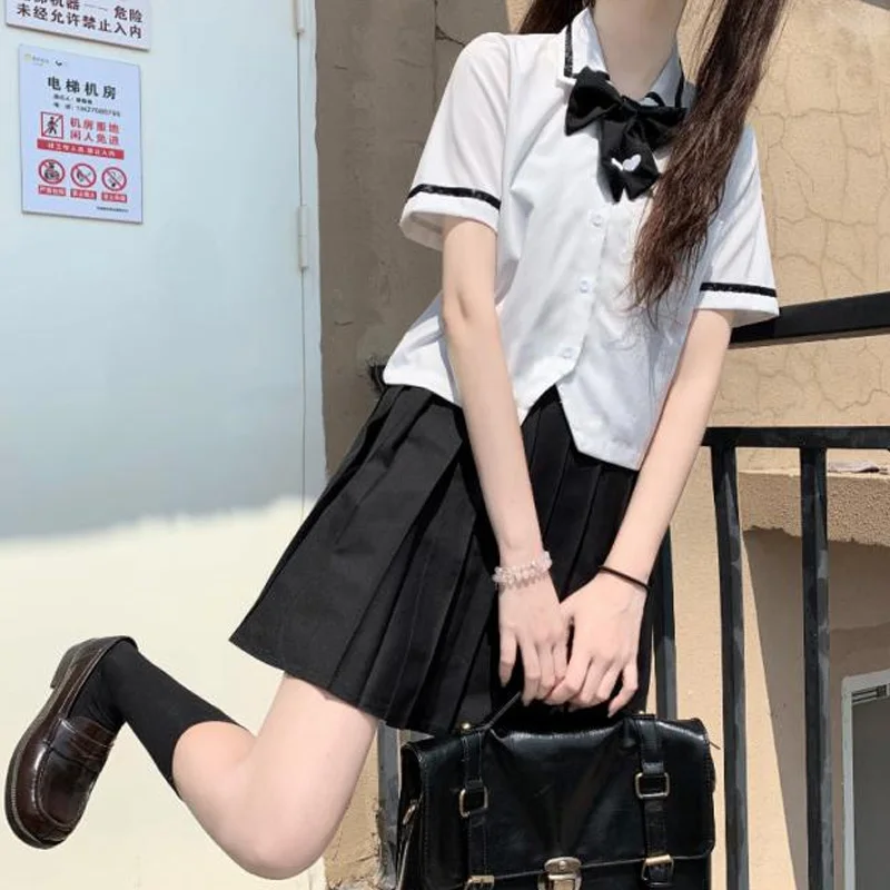 

Sweet Cute Short Sleeve JK Uniform White Shirt Girl Japanese Wild Black JK Pleated Skirt 2021 Summer College Style 2 Piece Sets