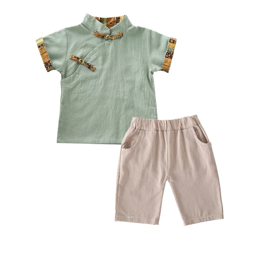 Традиционный китайский комплект одежды для детей льняные Летние повседневные