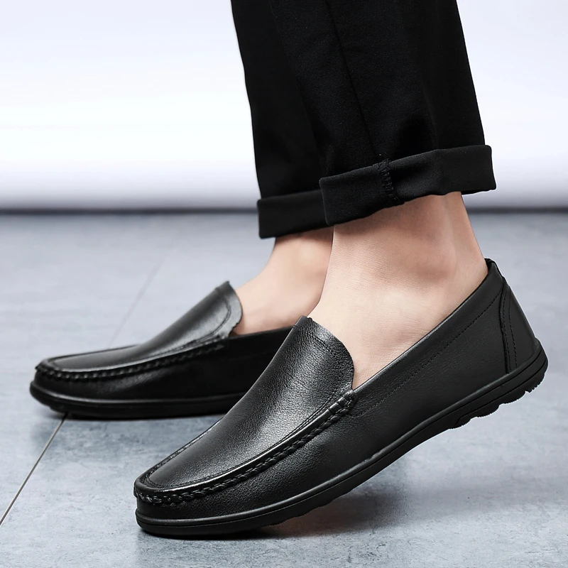 Мокасины мужские из натуральной кожи мягкие туфли-оксфорды без застежки