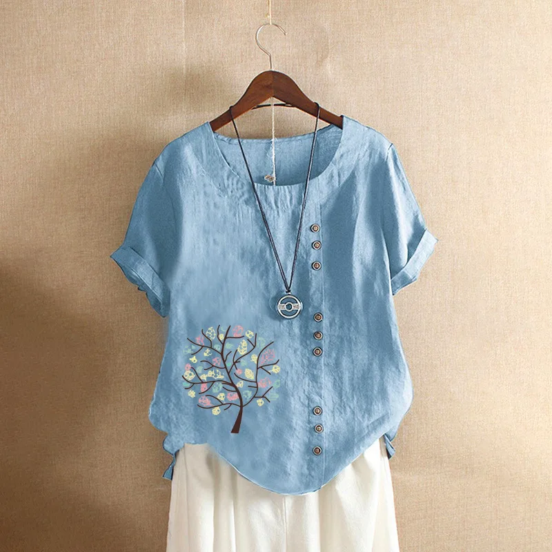 

4xl 5xl Plus Size Tops 2021 Summer Cotton Linen White Floral Blouse Women Shirt Short Sleeve O Neck Loose Casual Blouse Blusas