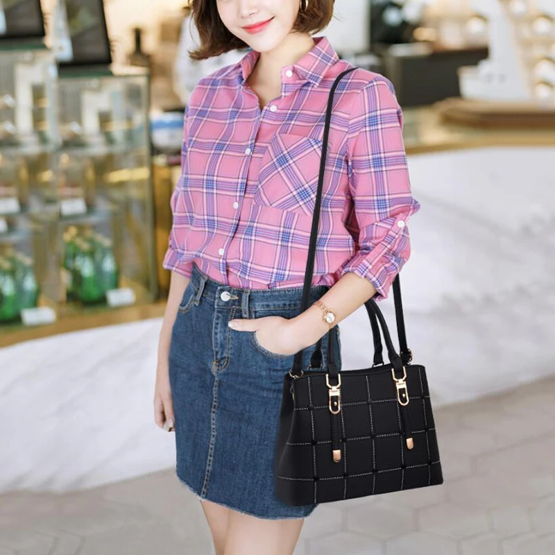 

Black PU Leather High Capacity Woman Handbags Grid Fashion Casual Luxury Designer Large Ladies Shoulder Crossbody Bag