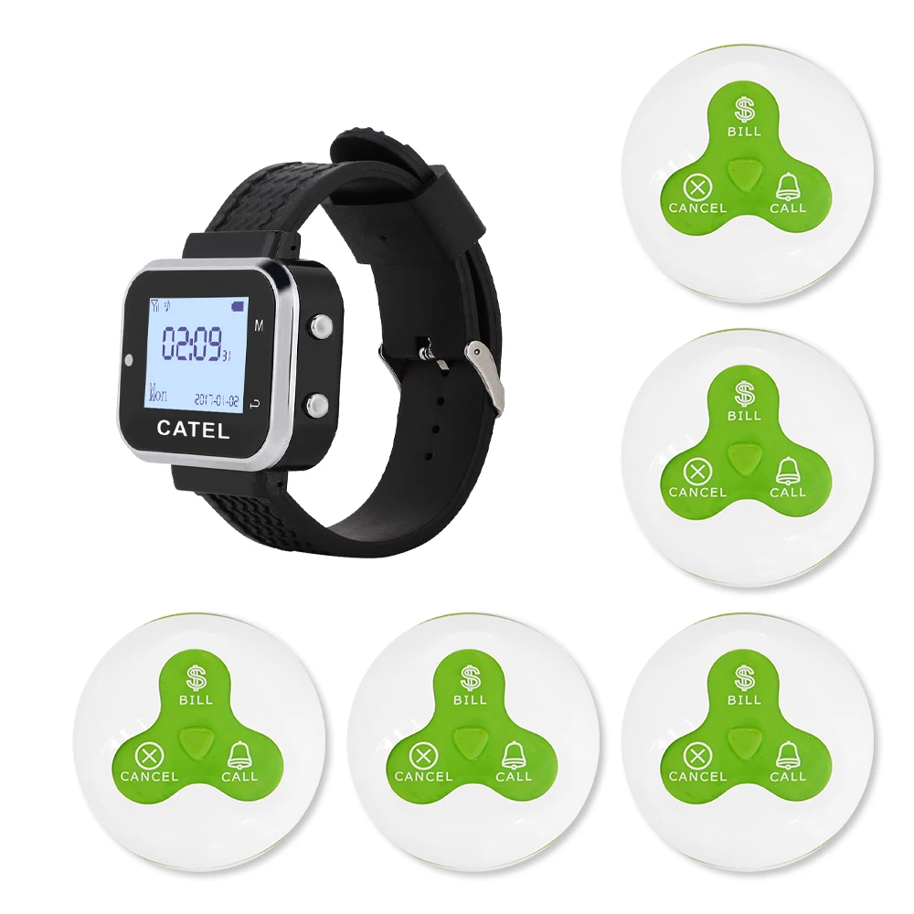 CATEL Waterproof 5 Call Button and 1 Watch Pager Wireless Calling System Transmitter for Restaurant Waiter Service Bell Buzzer