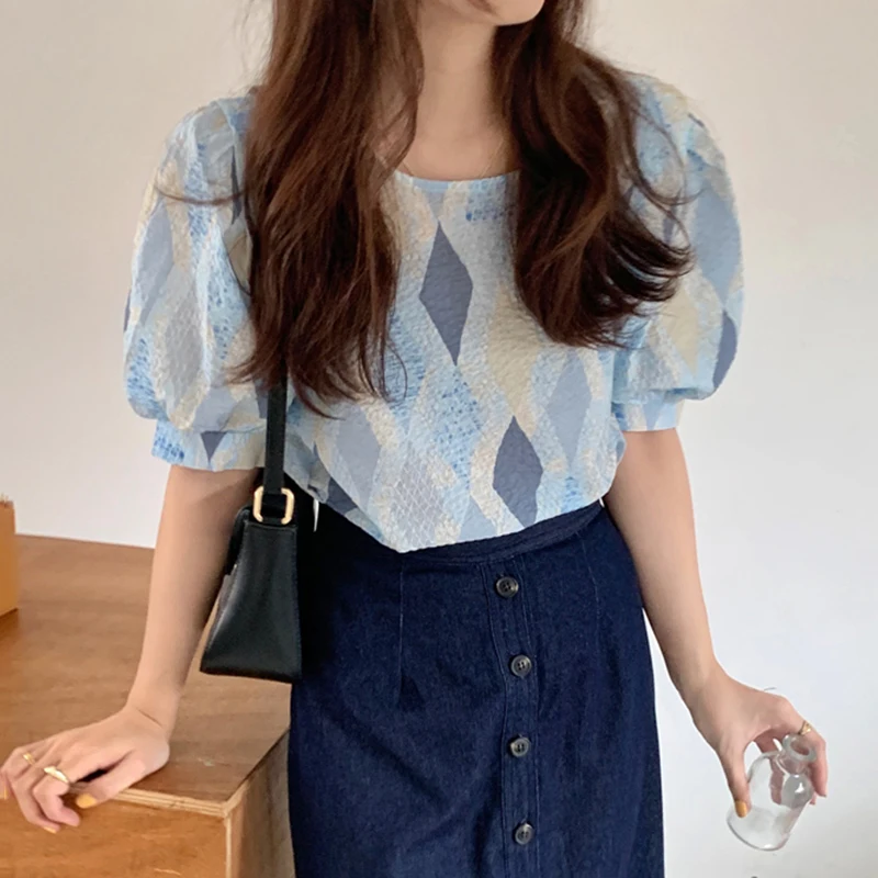 

Kimotimo Ins Women Blouse 2021 Korean Chic Summer Elegant Retro O-neck Diamond Plaid Tops Design Loose Puff Sleeve Office Lady