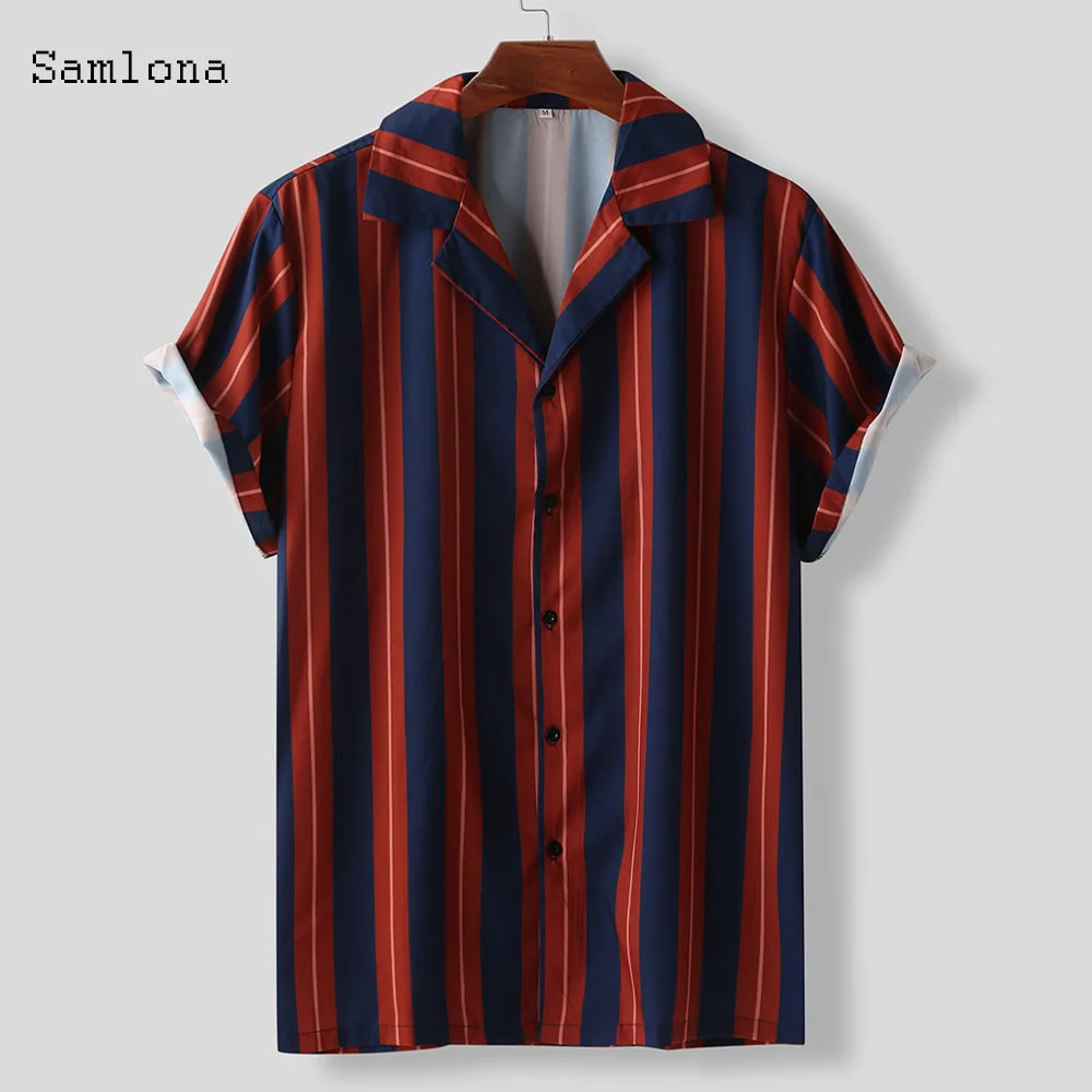 2020 Summer Casual Men Shirts Turn Down Collar Short Sleeve Vertical Stripes Printing Button Loose Shirt Fashion top Blouse Male