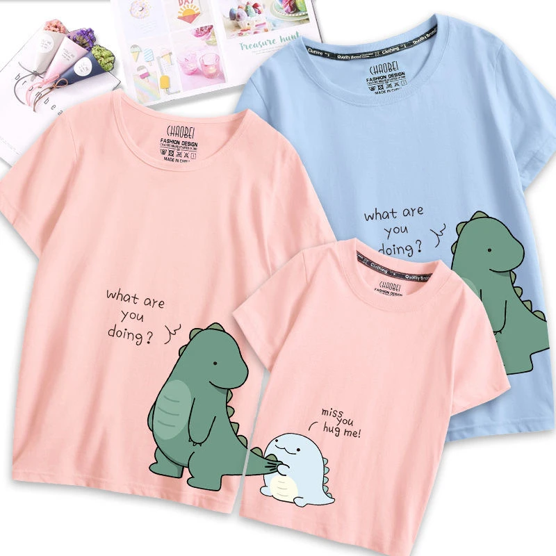 Family Matching Outfits Clothes Mother Dad and Kid Summer Cartoon Dinosaur T-Shirt Sport Clothing Cotton Parent Child Outfits