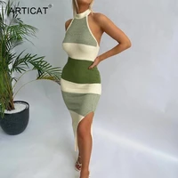articat green knitted backless sheath dresses for women halter sleeveless split midi dress 2021 fashion patchwork party vestidos