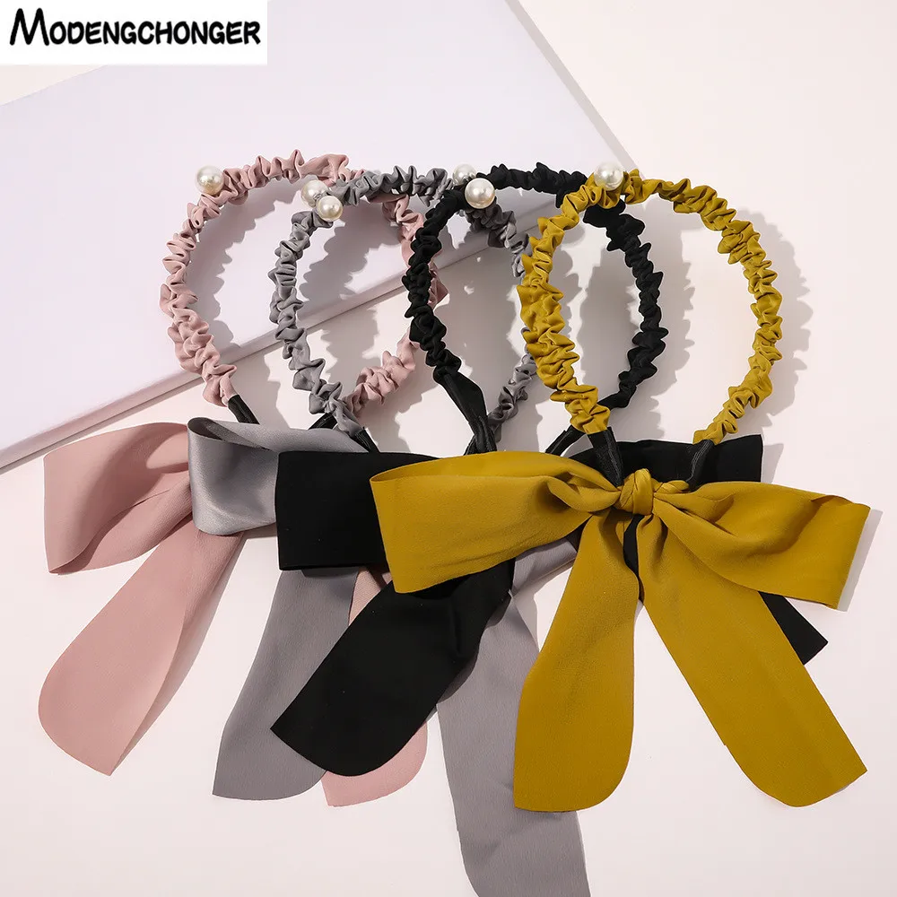 

2021 New Fashion Spring Summer Long Streamer Ribbon Pearl Hairbands Hair Ornament Lady Bow Headband For Girls Hair Accessories