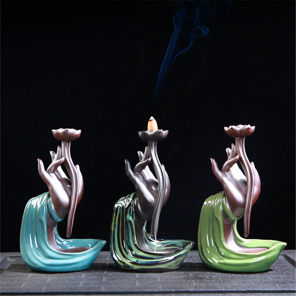 Ceramic Blackflow Incense Burner with 20pcs Incenses Bergamot Lotus Creative Wealth Ornaments Home Office Decoration | Дом и сад
