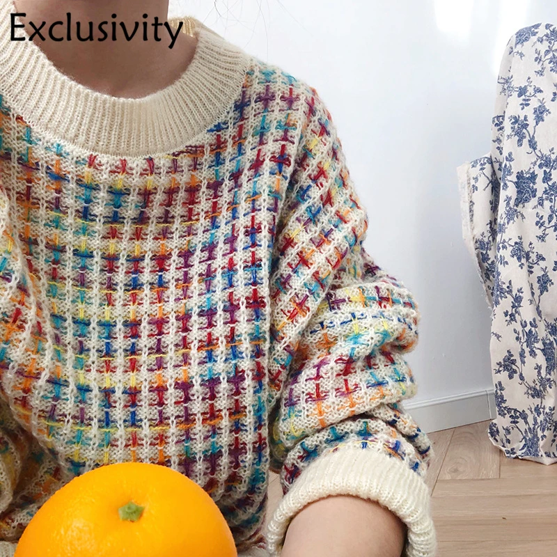 

Rainbow Turtleneck Sweaters Women Jumpers Knitted Clothes Striped Oversized Pullover Korean Lazy Wind Loose Turtleneck Top
