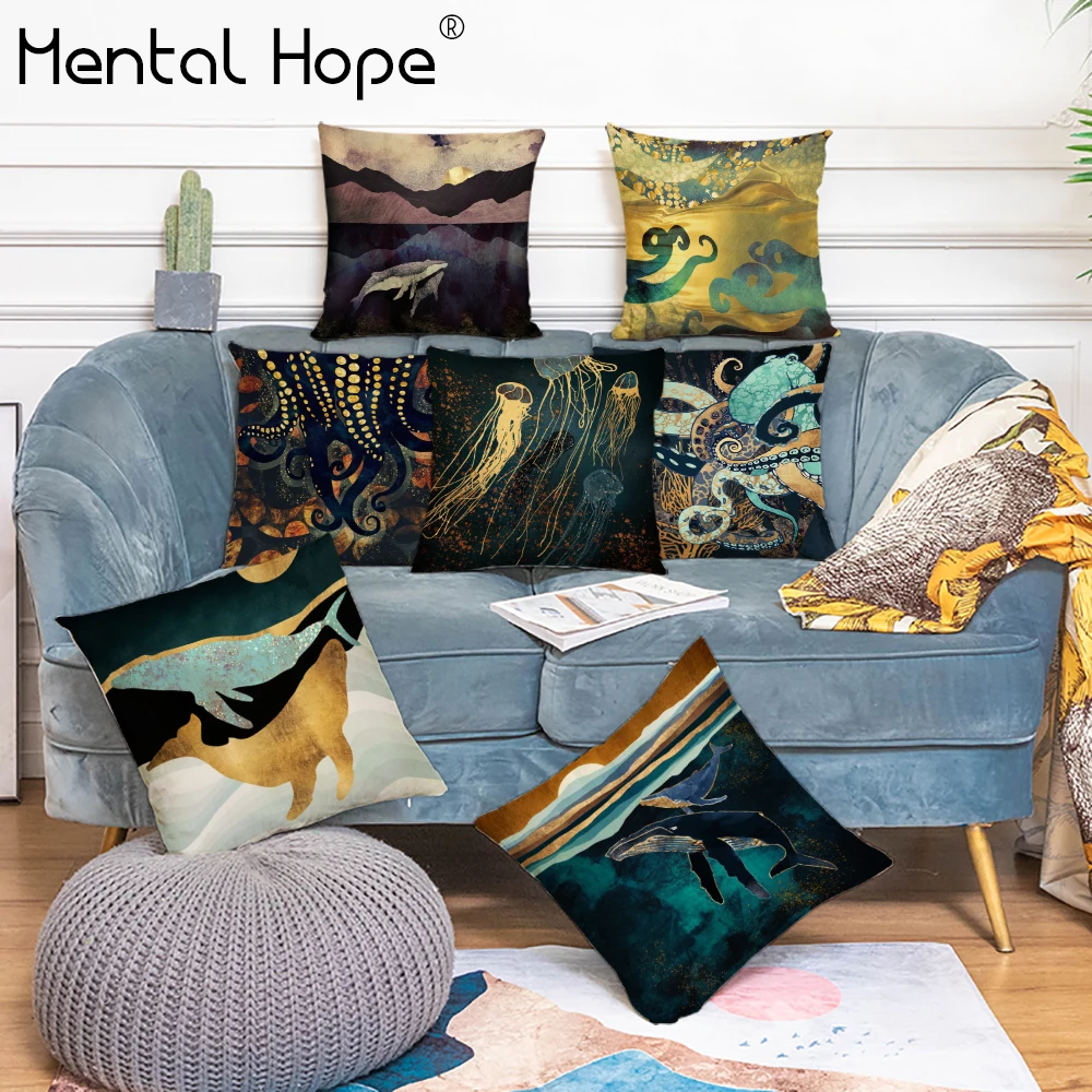 Whale Printed Cushion Cover Octopus Pattern Throw Pillow Home Decor Linen Cotton Square Multicolor Pillowcase | Дом и сад