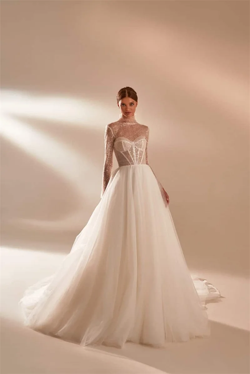 

Elegant Wedding Dresses High V Neck Long Sleeves Lace Up Lace Appliques Bridal Gowns Floor Length Vestido de novia