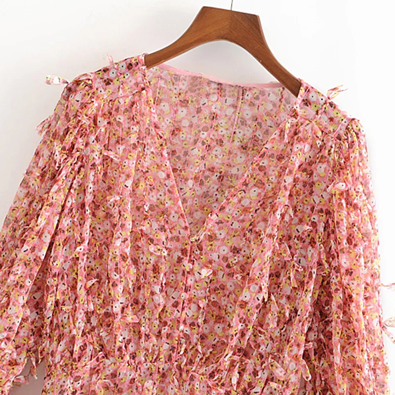 Женская винтажная Блузка с оборками и цветочным принтом 2020 модная женская