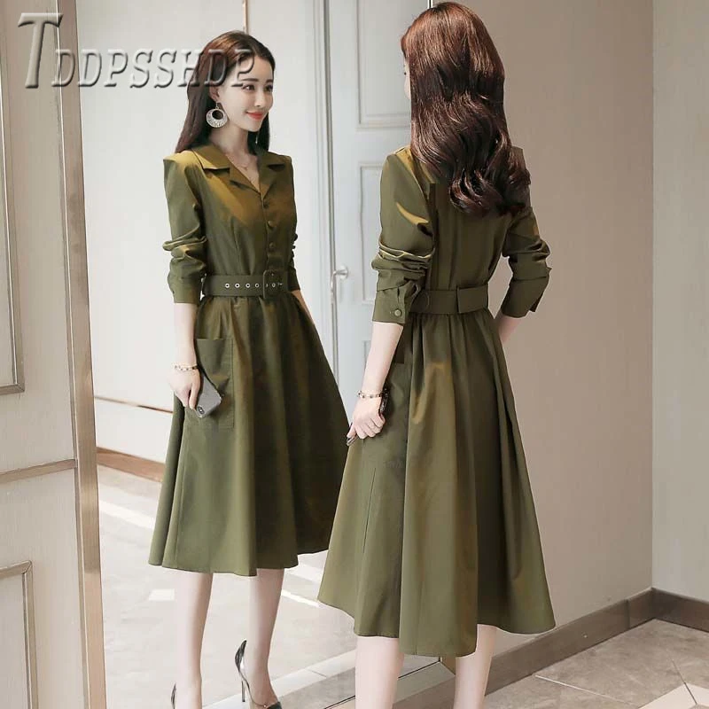 

Платье женское осеннее с поясом и длинным рукавом, 2019