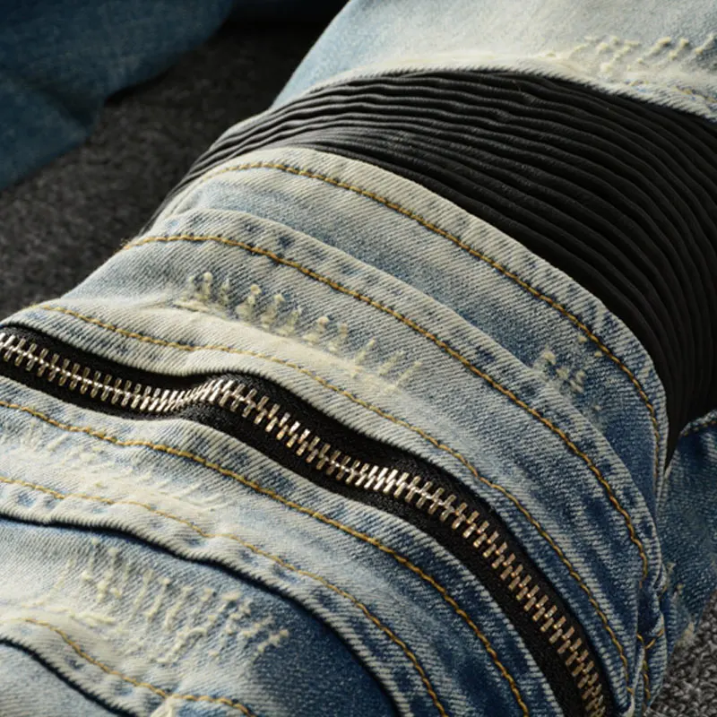 American Street Fashion Men Jeans Retro Blue Elastic Slim Fit Ripped Jeans Men Spliced Designer Hip Hop Denim Punk Biker Pants