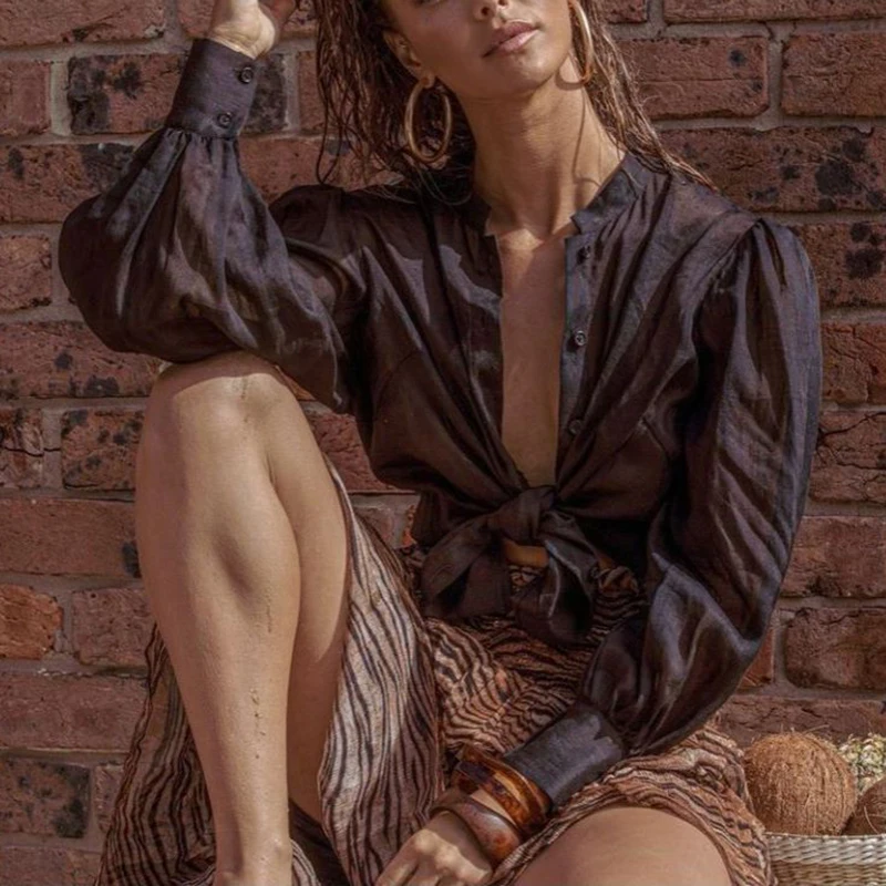 

New Elegant Women Puff Sleeve Buttons V Neck Shirts Casual Summer Long Sleeve Office Lady Blouse Fashion Femme Streetwear Blusas