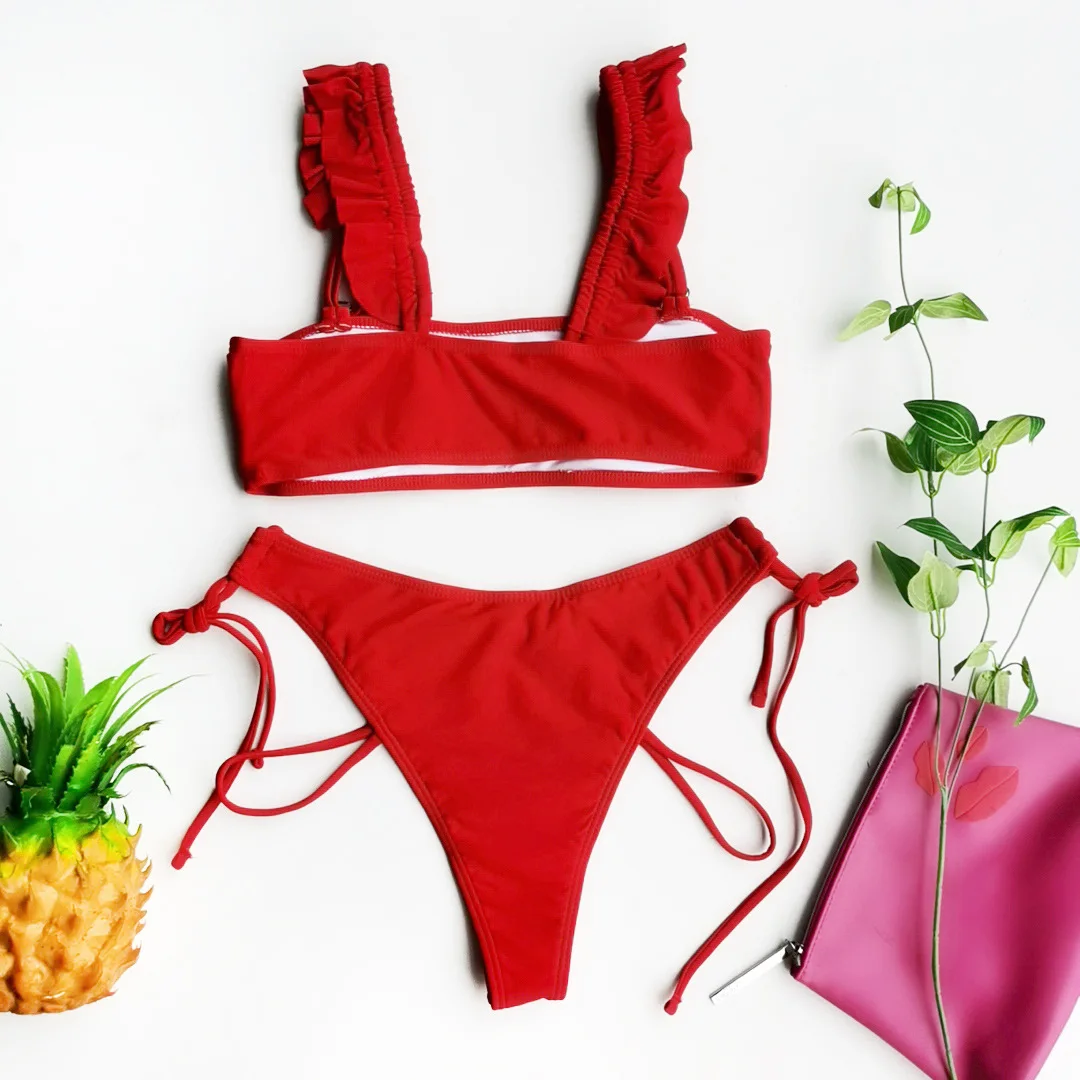 Соблазнительное микро-бикини 2020 Женский однотонный красный купальник с высоким