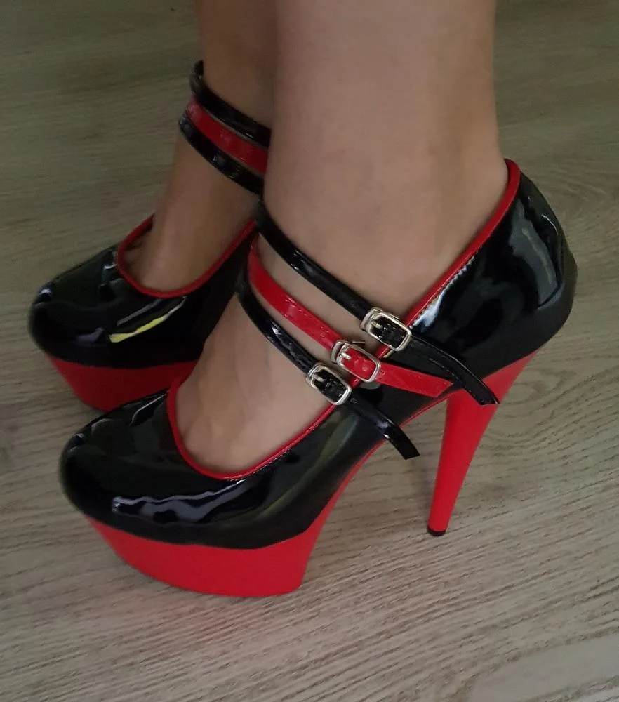 Красные/черные туфли на шпильке 15 см 6 дюймов с ремешком щиколотке высокие