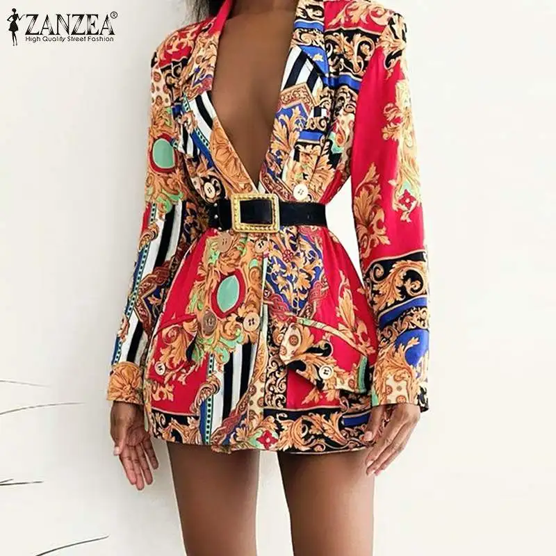 

Модный богемный Элегантный Повседневный Красочный рабочий Блейзер ZANZEA, женский осенний костюм с длинным рукавом, блузка на пуговицах без п...