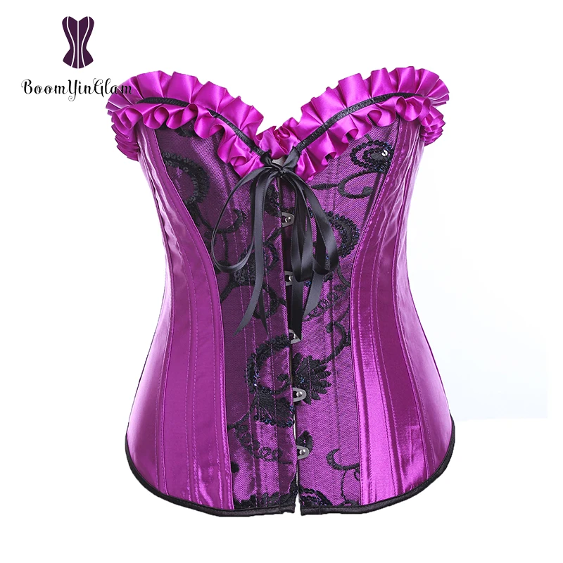 

Purple Overbust Corset Satin Corsets Plastic Boned Ruffles Border Korset Plus Size 6XL Women Outfit Bustier Busk Waist Gorset