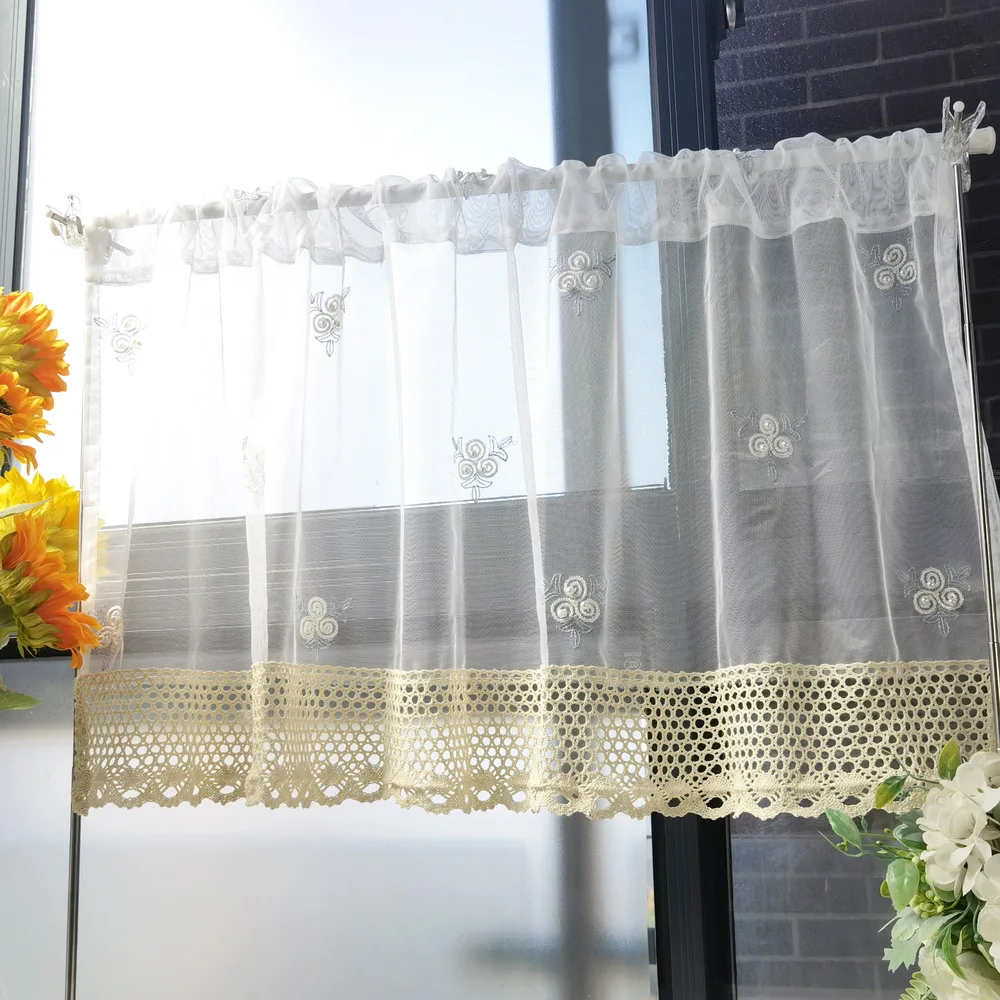 

Rod Pocket Short Curtains for Kitchen Light Brown Openwork LaceTulle Voile Home Partition Decorative Panel Half Drapes 1pice 4