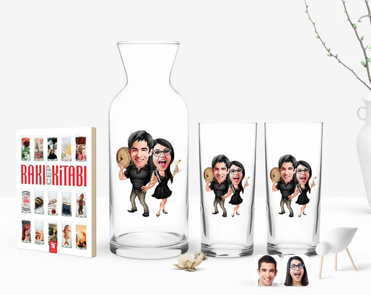 

Персонализированные Цветные принты на День святого Валентина карикатура двойной Arrack чашки графин и карманная книжка подарок Seti-18