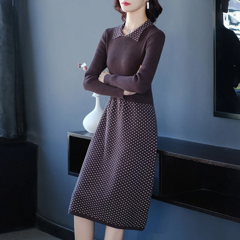 

2021 Autumn Winter New Knit Dress Women Elegant Korean Patchwork Bodycon Fashion Sweater Party Long Sleeve Dress Vestidos X347